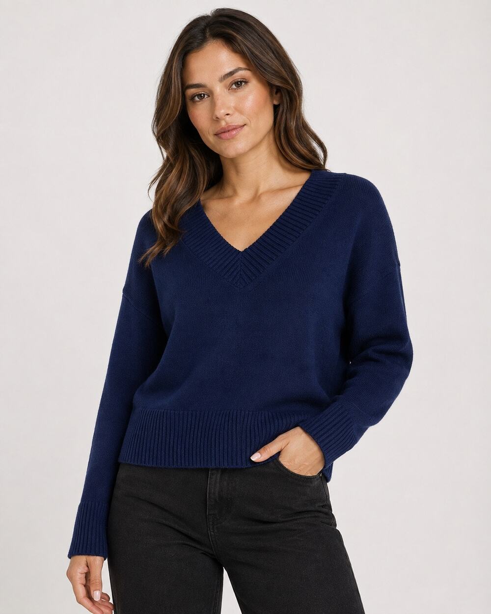 Women’s Navy Blue V Neck Sweater Rachel Zoe Size S NWT Ribbed Relaxed Fit